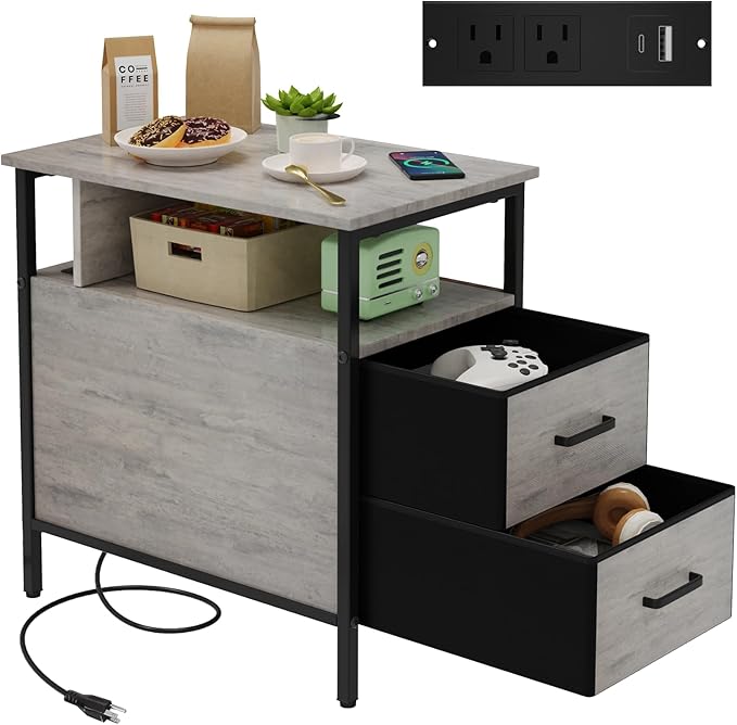 End Table with Charging Station, Narrow Side Table with 2 Fabric Drawer & by Unknown