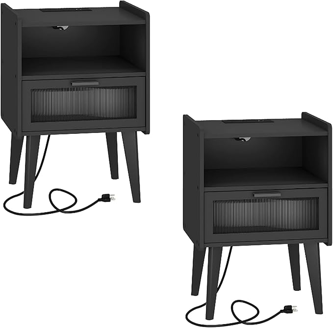 Nightstand with Charging Station, Bedside Tables Set of 2, End Table Side Table by MMEOLUOOK