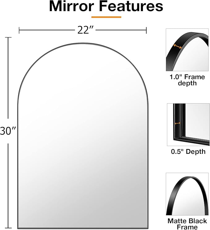 Brightify Arched Mirror, Arched Wall Mirror, 22 x 30 Inch Black Arch Mirror - Image 7