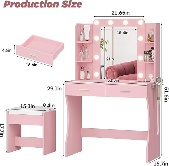 Vabches Vanity Desk with Lights, Makeup Vanity with Power Strip, Dressing Table - Image 5