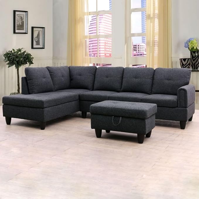 Black Grey L-Shaped 3-Piece Linen Sofa by Unknown