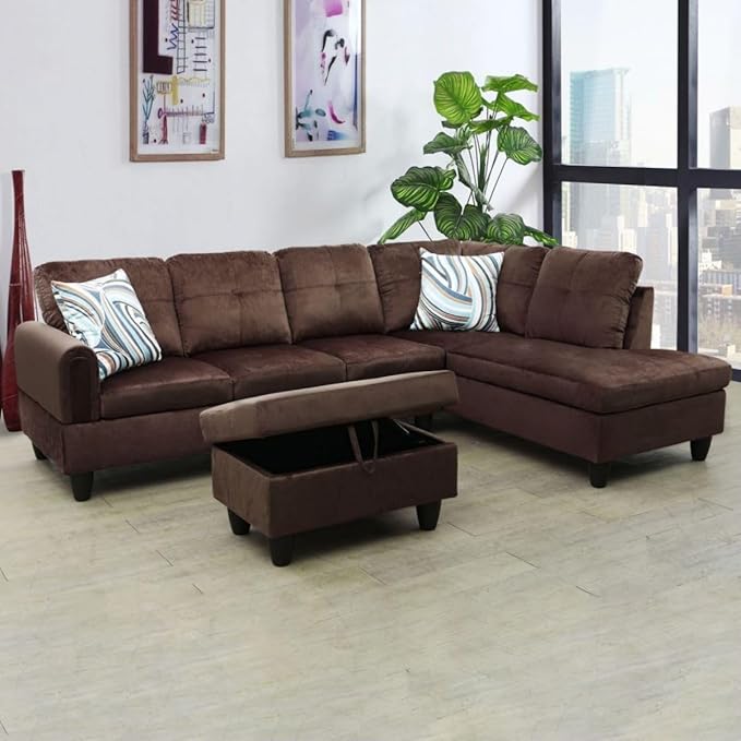 Chocolate L-Shaped 3-Piece Flannel Sofa by Unknown