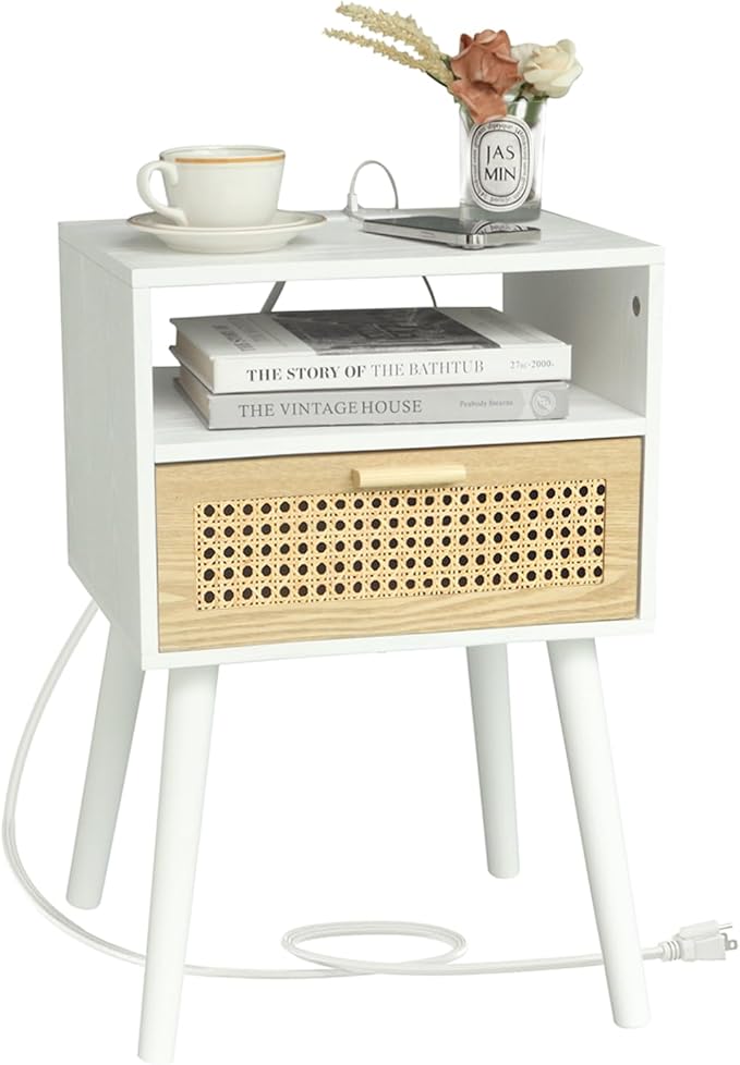 MaxSmeo Nightstand with Charging Station, Bedside Tables with Rattan Drawer by MaxSmeo