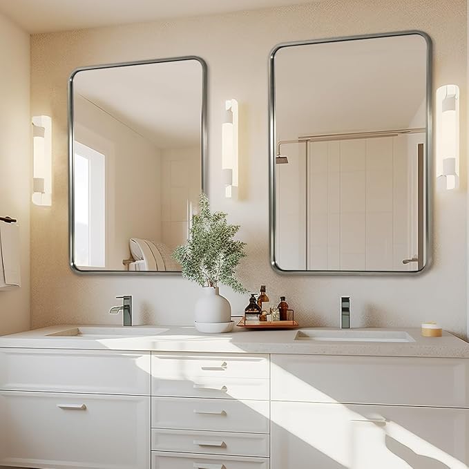 ANDY STAR 48x32 Inch Brushed Nickel Bathroom Mirror, Rounded Rectangle Bathroom - Image 9