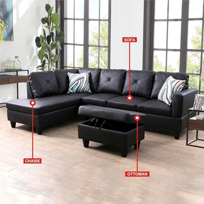 Black L-Shaped 3-Piece Faux Leather Sofa - Image 4