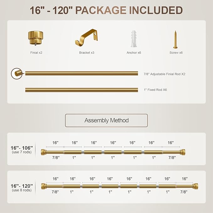 Modern Gold Curtain Rods for Windows 66 to 120 Inches Adjustable Length Heavy - Image 9