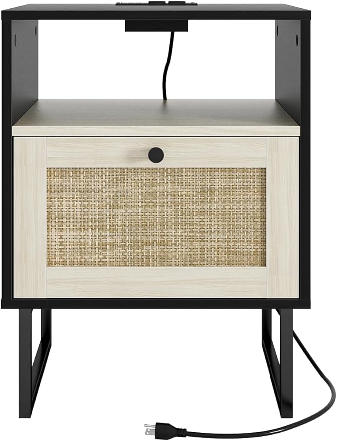 Rattan Nightstand with Charging Station, Boho Night Stand Farmhouse Wood - Image 8