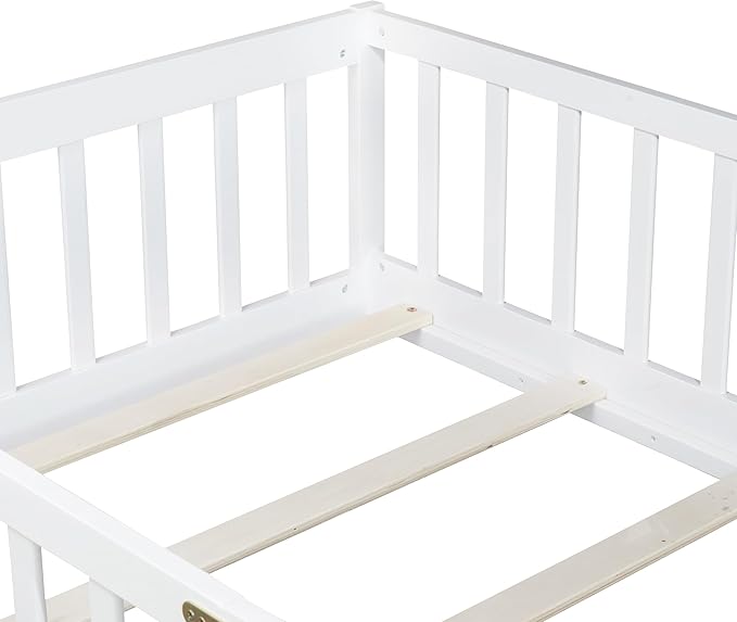 Twin Floor Bed Frame with Slats and Safety Guardrail, Wood Twin Size Montessori - Image 6