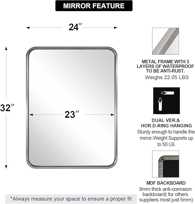 ANDY STAR 24x32 INCH Brushed Nickel Mirror, Rounded Rectangle Silver Metal - Image 2