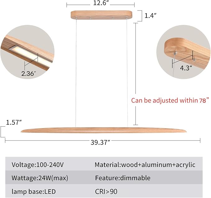 39" 24W Wood LED Linear Pendant Light Fixture Led Dining Room Light Dimmable - Image 2