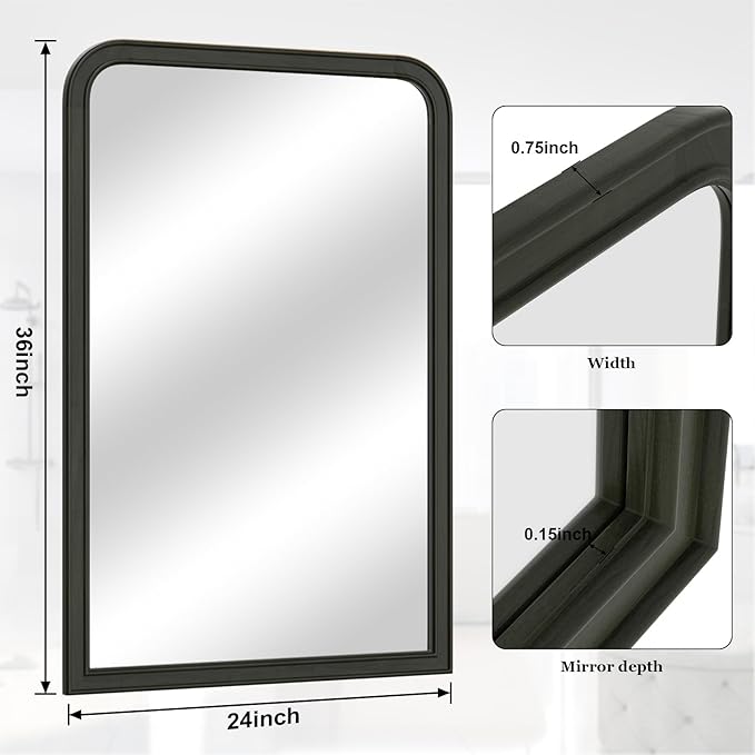 WallBeyond Wood Frame Bathroom Mirror 24" x 36" Wooden Arched Wall Mirror - Image 6