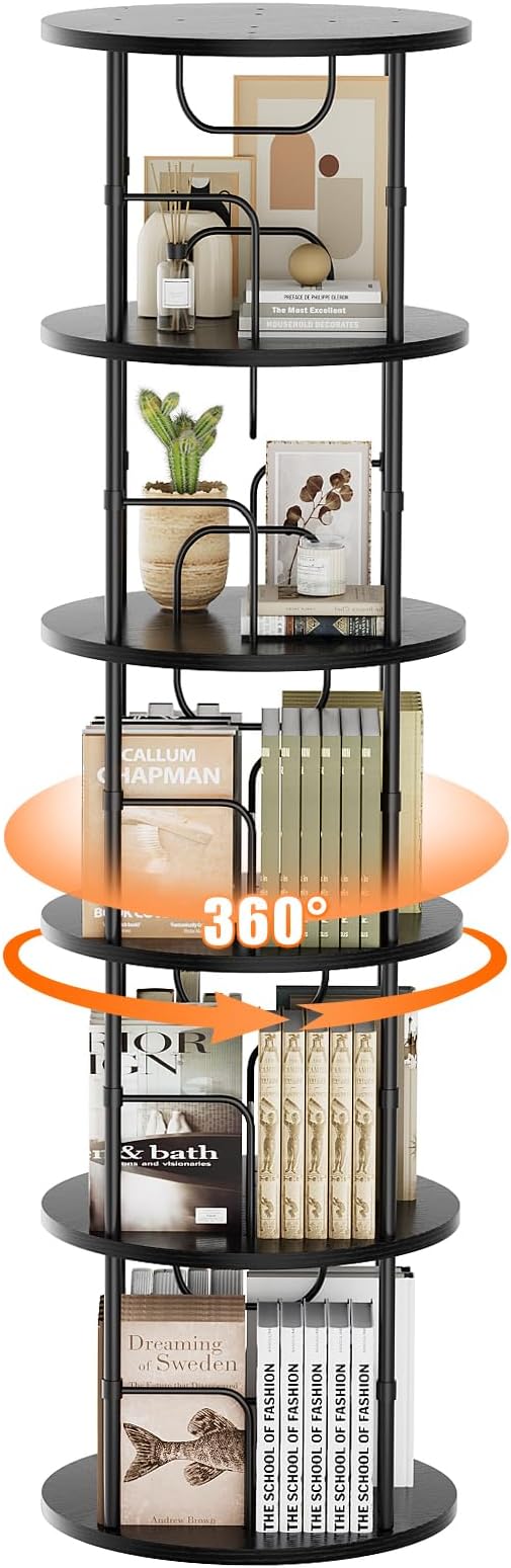 5 Tier Rotating Bookshelf, 360 ° Display Stackable Spinning Bookshelf Tower - Image 8