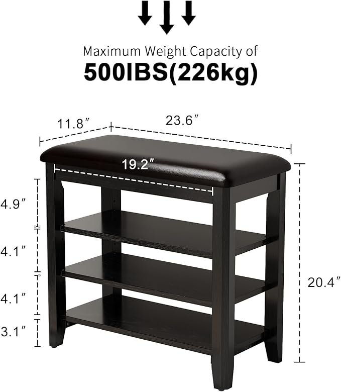 Shoe Bench with Leather Cushion, 3 Tiers Shoe Storage Bench Height Adjustable - Image 2