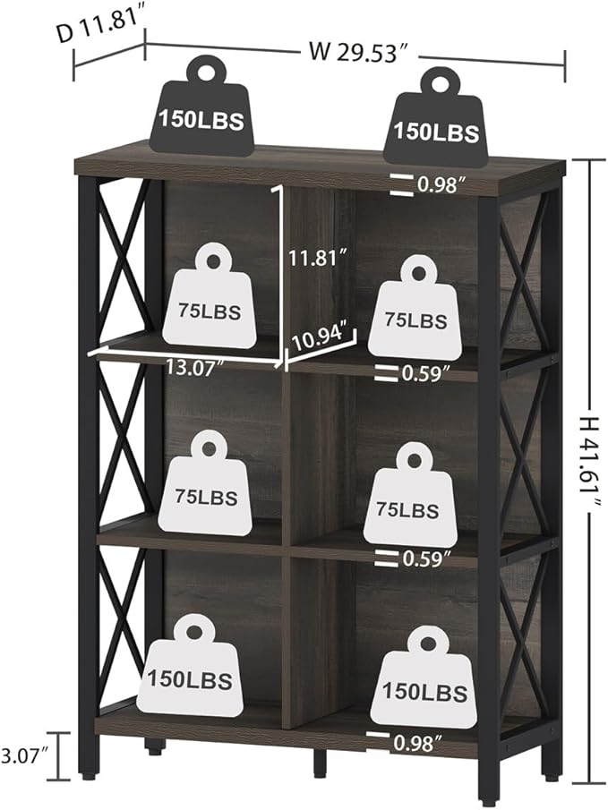 FATORRI 6 Cube Storage Organizer Shelf, Rustic Wood and Metal Cubby Bookcase - Image 2