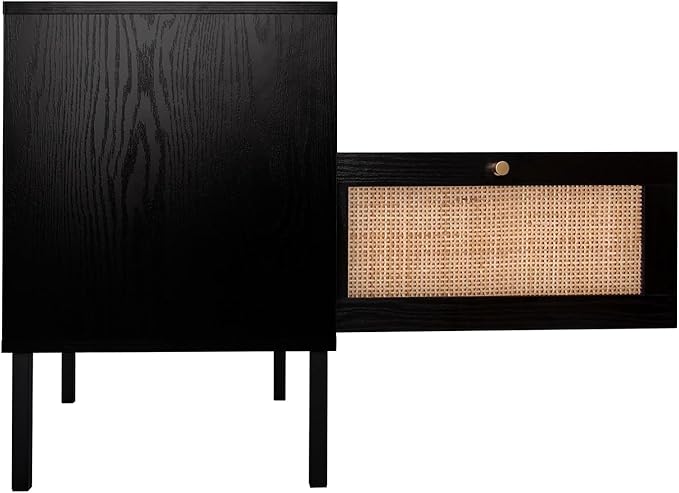 Rattan Night Stand Set 2, Boho Bedside Table Black Nightstand - Image 4