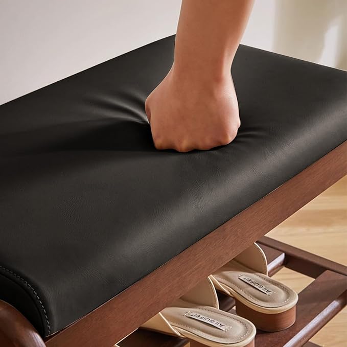 Wooden Shoe Storage Bench with Padded Top Cushion, Two-Tier Wooden Shoe Rack - Image 4