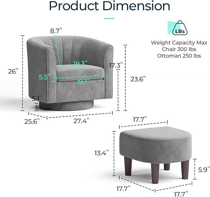 LINSY Swivel Accent Chair with Ottoman: Small Velvet Barrel Chair 360 Swivel - Image 2
