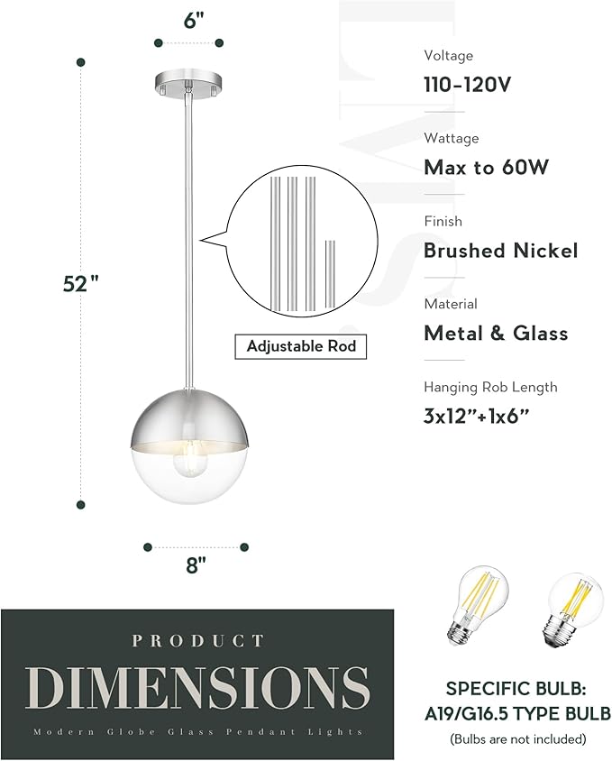LMS Modern 1-Light Pendant Light Fixtures, Brushed Nickel Kitchen Island - Image 3