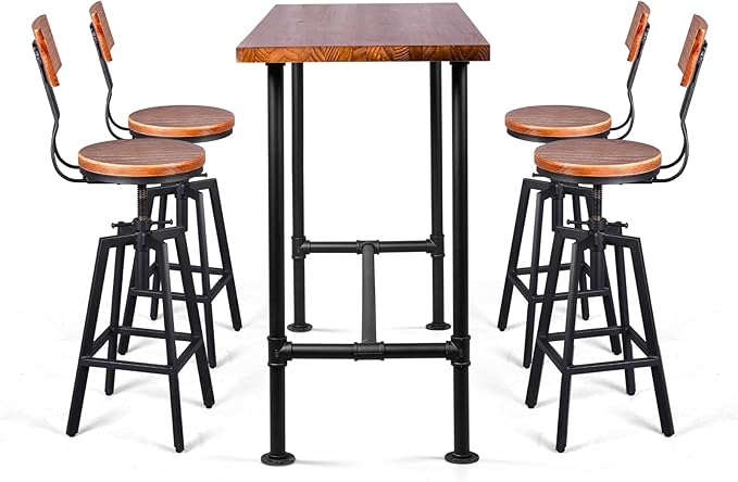 5 Pieces Industrial Dining Table Set Rustic Rectangular High Pub Table by BOKKOLIK