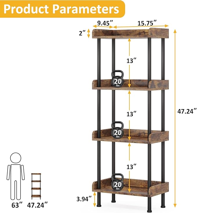 Hosfais Bookcase 4 Tier Bookshelf, Vintage Small Bookshelf - Image 3