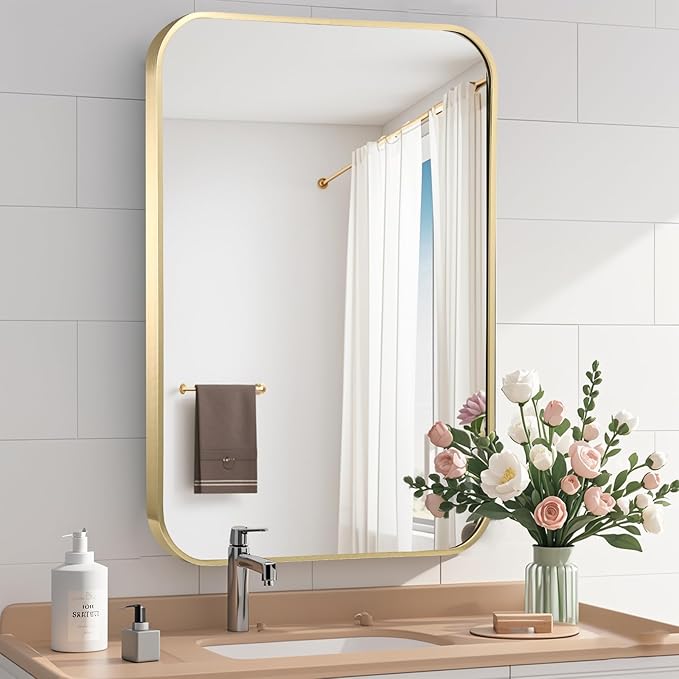 Gold Bathroom Mirror, 16x20 Inch Brushed Gold Aluminum Alloy Framed Rectangle by CLBA