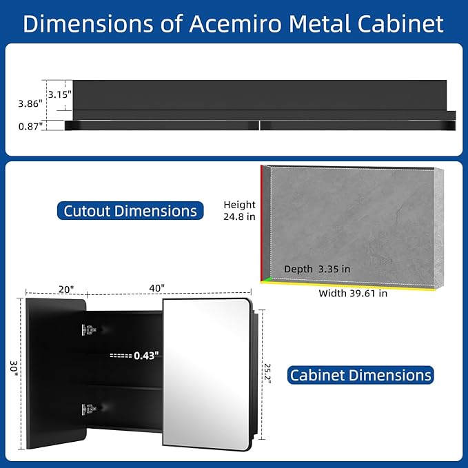 40x30 Inch Black Medicine Cabinet Mirror Metal Framed Recessed Bathroom - Image 2