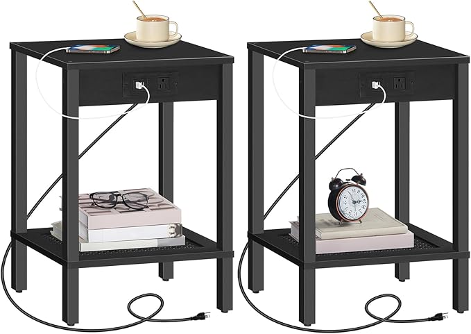 HOOBRO Side Table with Charging Station, Nightstand with 2-Tier Storage Shelf by HOOBRO