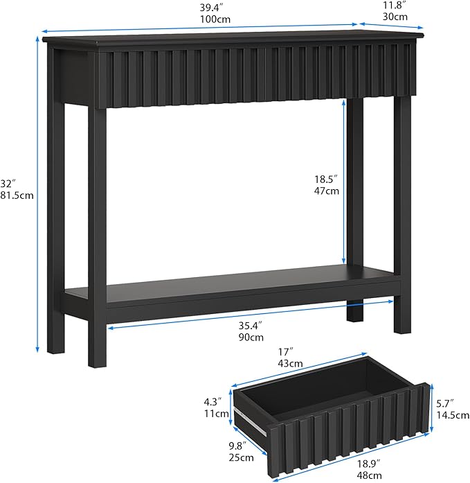 Fluted Console Table with 2 Drawers Narrow Sofa Table with Open Storage Shelf - Image 2