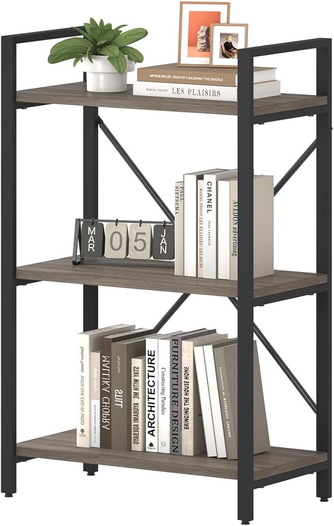 BON AUGURE 3 Tier Bookshelf, Small Rustic Book Shelf, Short Industrial Bookcase - Image 9