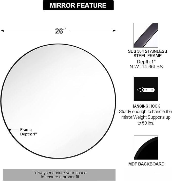 ANDY STAR Round Wall Mirror, Modern Metal Frame Bathroom Vanity Mirror - Image 2