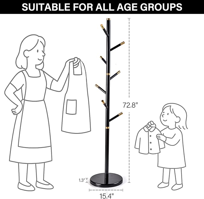 CozyDH Black Coat Rack Freestanding Solid Wood Coat Rack Stand, Coat Tree - Image 6
