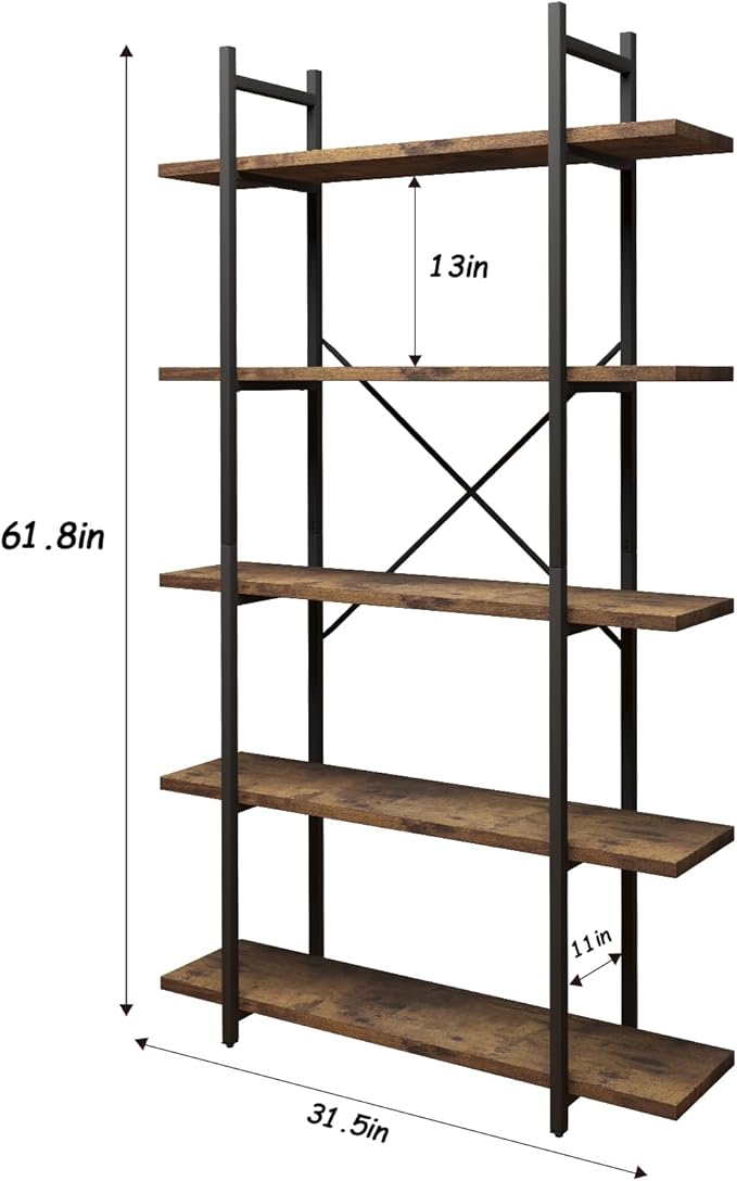 5 Tiers Bookshelf Organizer Industrial Shelf, Modern Open Display Storage - Image 2