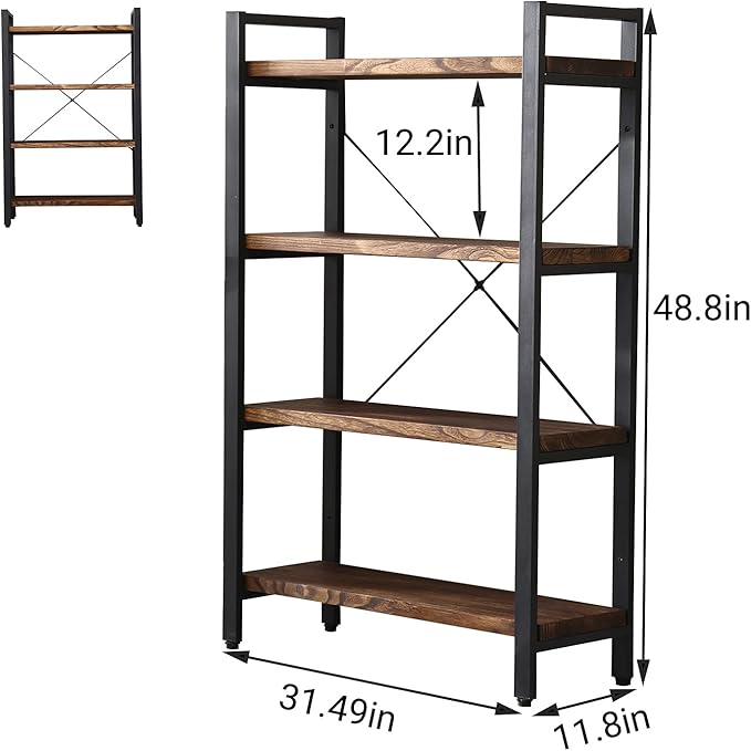 Solid Wood Bookshelf, 4-Tier Rustic Vintage Industrial Etagere Bookcase - Image 2