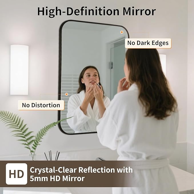 Black Bathroom Mirror, 22x30 Inch Aluminum Frame Rectangle Mirror, Tempered - Image 2