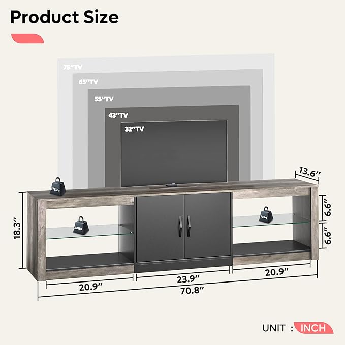 Bestier 70 Inch Led TV Stand for 75 Inch TV Large Entertainment Center Gaming - Image 2