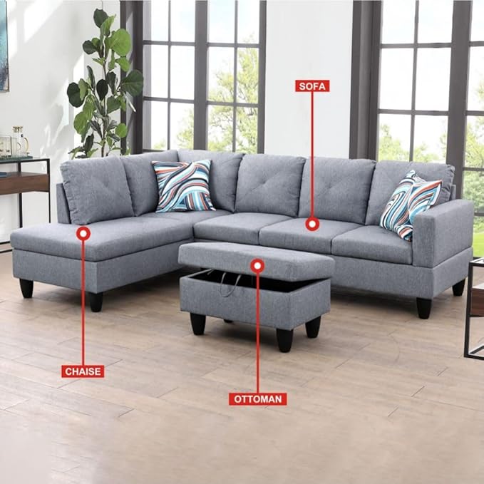 Grey L-Shaped 3-Piece Linen Sofa - Image 3