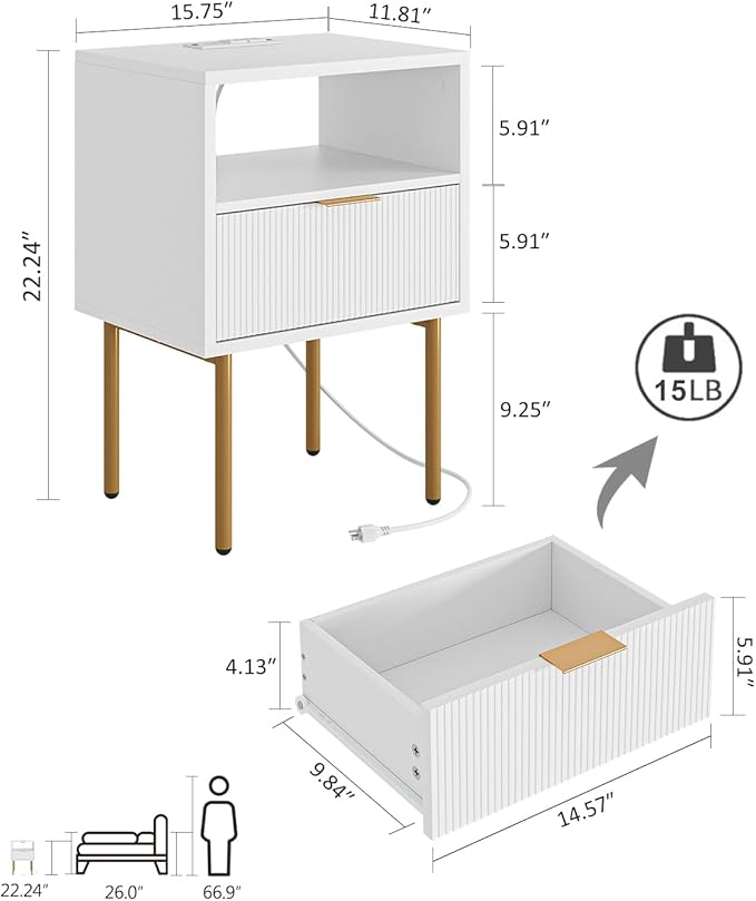 Masupu Nightstand with Charging Station, Mid-Century Modern Bedside Table with - Image 2