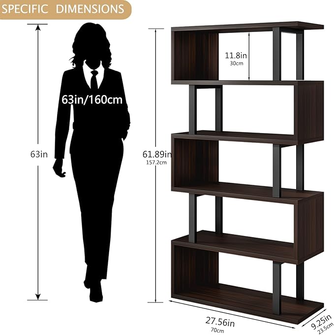 SORCEDAS Bookshelf Geometric Bookcase S Shaped Industrial Bookshelf Storage - Image 3
