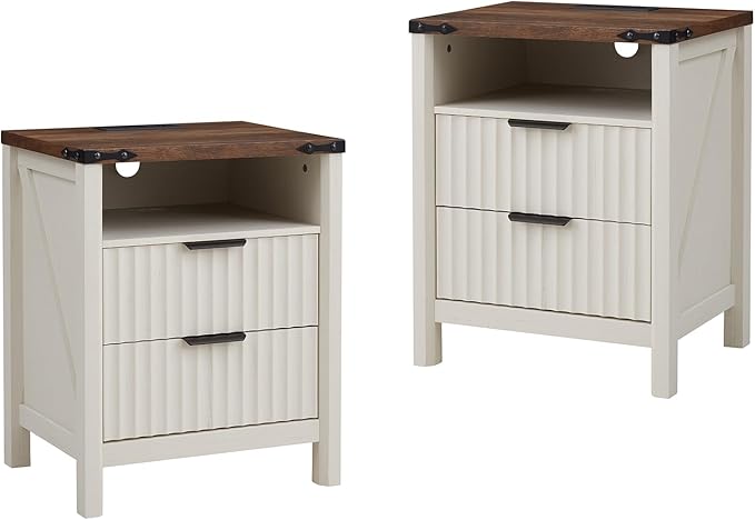 Antique White Nightstand with Charging Station Set of 2-20 Inch Wide Farmhouse by BuildHom