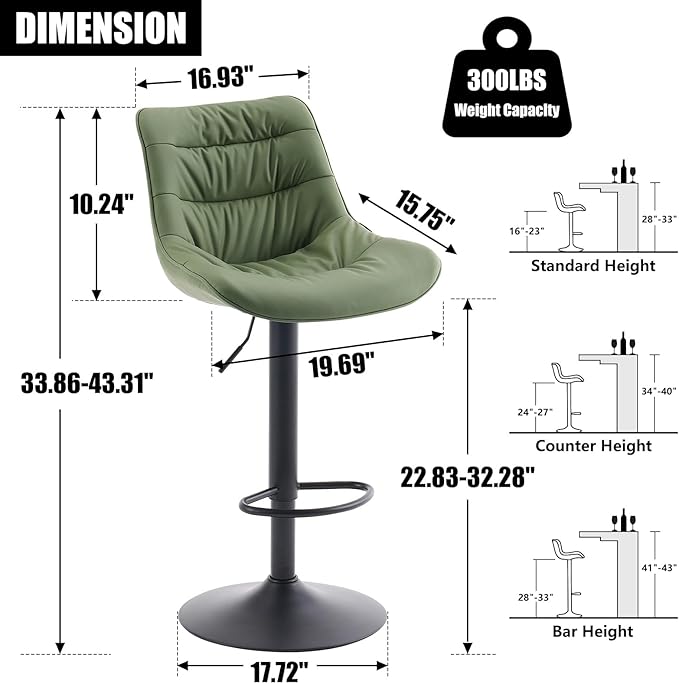 Kidol & Shellder Bar Stools Set of 2 Adjustable Swivel Green, PU Leather - Image 2