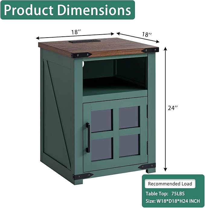 Farmhouse Nightstand with Charging Station, Rustic End Table with Tempered - Image 3