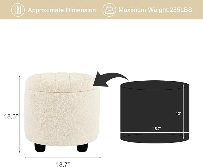Furniliving Modern Round Storage Ottoman, Button Tufted Ottoman Foot Stools - Image 2