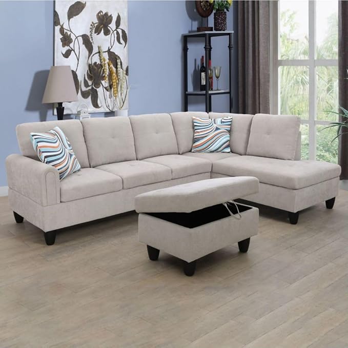 Grey White L-Shaped 3-Piece Flannel Sofa by Unknown