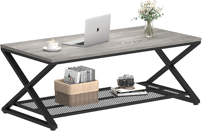 LVB Gray Coffee Table, Farmhouse Wood Metal Center Table - Image 8