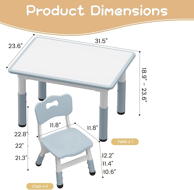 GarveeHome Kids Table and 4 Chairs Set, Height Adjustable Toddler Table and - Image 2