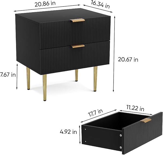 Black Nightstand for Bedroom, Fluted Night Stand Set of 2, Mid Century Modern - Image 2