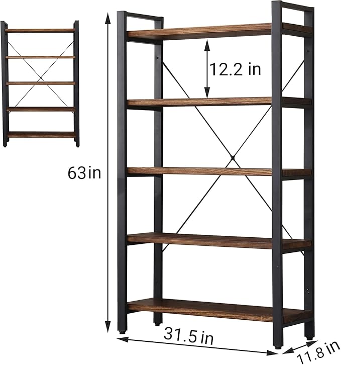 5 Tier Bookcase, Solid Wood Bookshelf Rustic Vintage Industrial Etagere Bookcase - Image 2