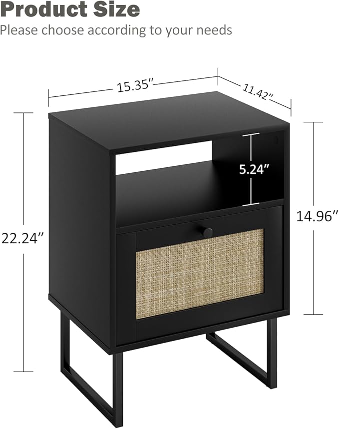 Rattan Nightstand, Boho Night Stand Farmhouse Wood Bedside Table - Image 2