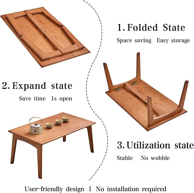 Japanese Floor Table No Assembly Required Bamboo Folding Walnut Coffee Table - Image 4