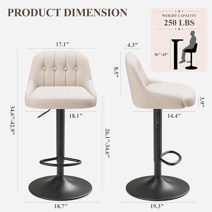 Bar Stools Set of 2, Swivel Bar Chairs, Modern Adjustable PU Leather - Image 2